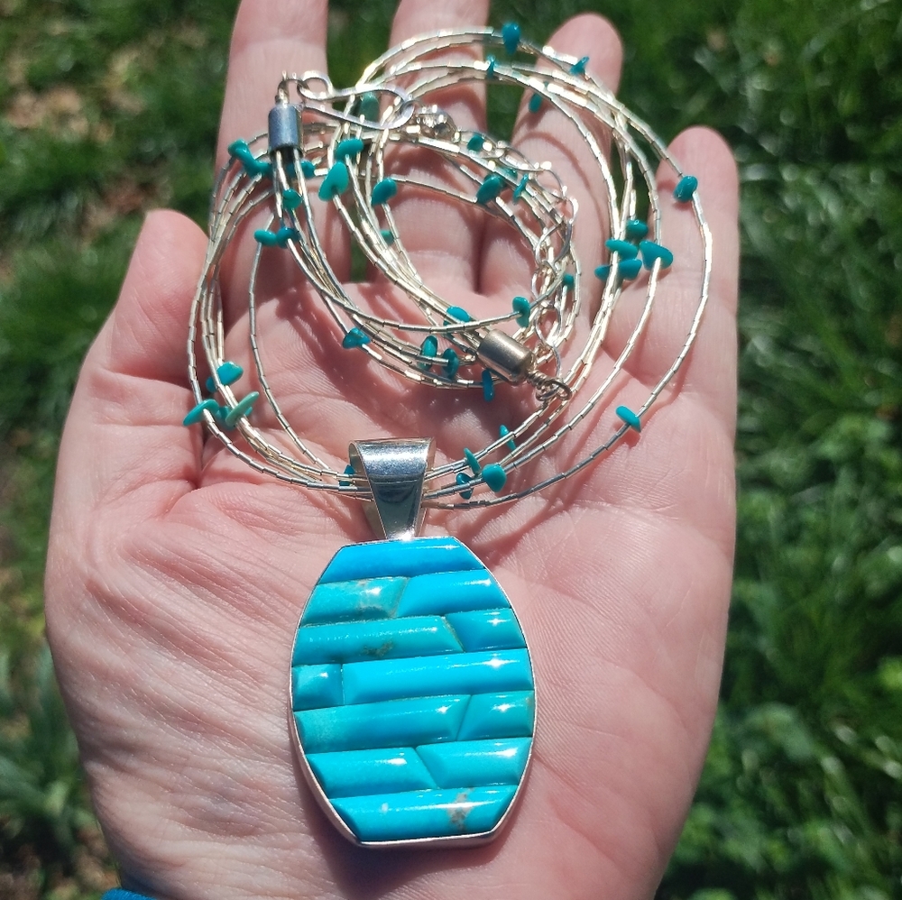 Jay King DTR 5 Strand Liquid Silver Turquoise necklace large inlay pendant 925